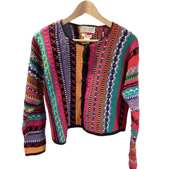 Casual Corner 90's Handknit Vibrant Boxy Chunky Knit Cardigan Cropped Sweater S - Picture 1 of 8